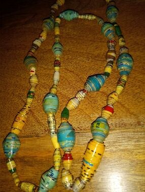 African Handmade Yellow & Turquoise Paper Bead Necklace - Women Jewelry
